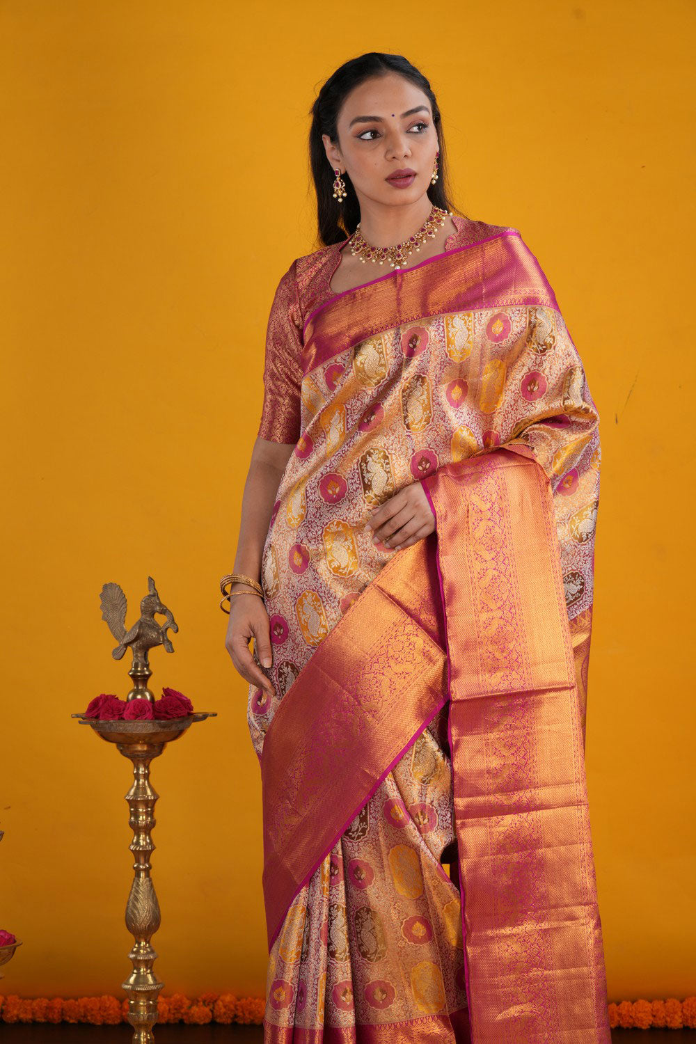 Image of Kanchipattu Pinkish Red Tissue Brocade Saree